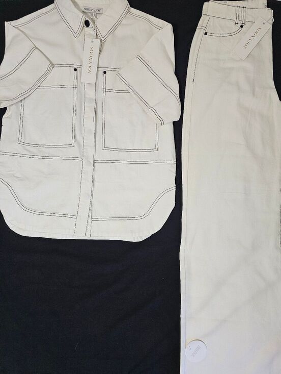 Shona Joy Tops - Shona Joy Hana Ivory Contrast Stitch Shirt & Straight Leg Jean Set NWT Size US 6